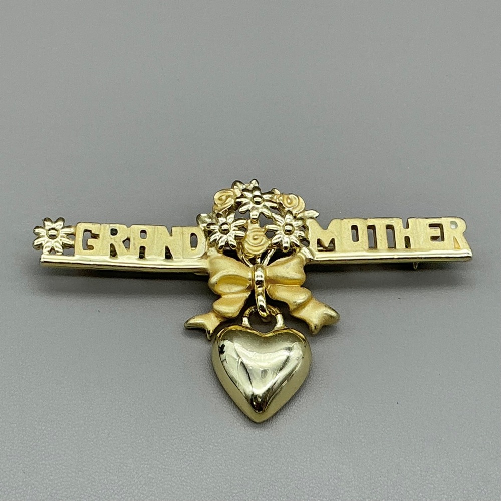Grandmother Brooch Pin Women Gold Tone Heart Charm Floral Bow Vintage Fashion